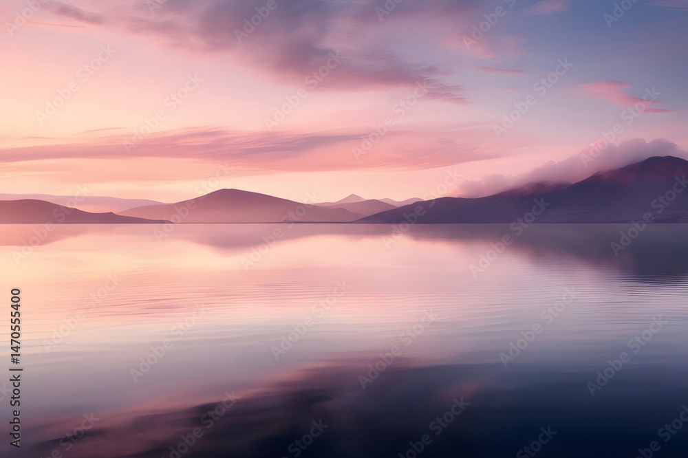 Aufkleber ピンク色の空と穏やかな湖に映る山の風景 静寂な水面が織りなす夕暮れの景観 美しい自然の反射を捉えた瞑想的な背景