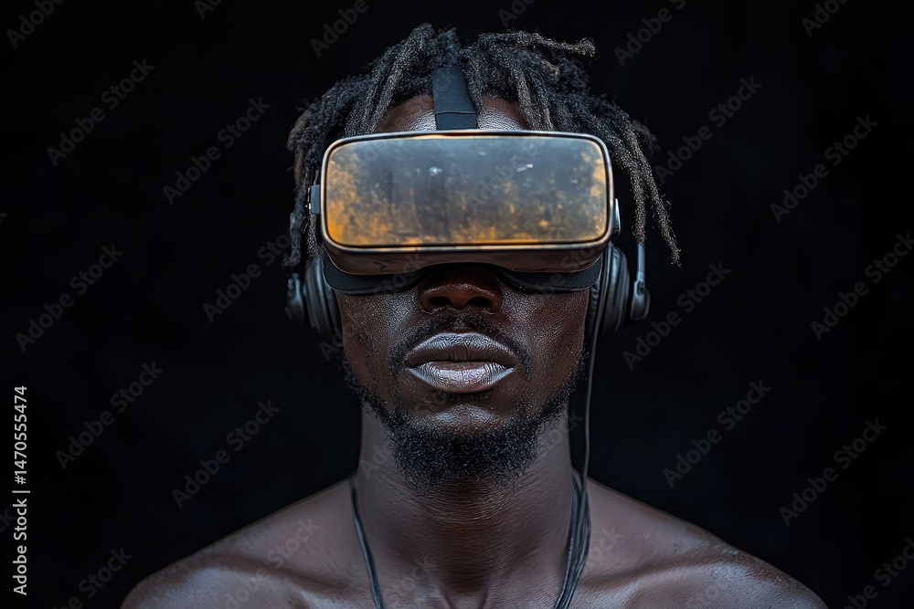 Aufkleber Young man explores virtual reality technology while wearing VR headset and showcasing modern and innovative culture in a dark setting
