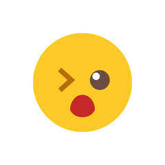 A yellow emoji face with a winking left eye and a surprised open mouth on a white isolated background