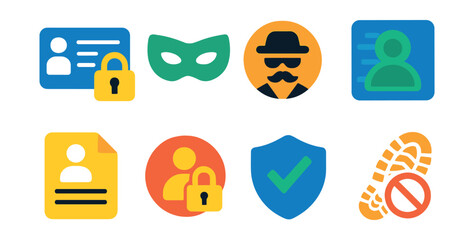 Flat vector icons of identity protection: ID lock, digital mask, alias icon, photo blur, personal data icon, private profile, consent shield, trace blocker.