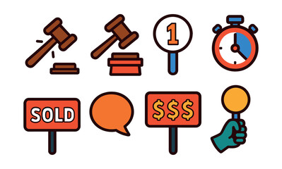 Obraz premium Flat vector icons of auction elements: gavel with sound lines, auction podium, bidding paddle with number, countdown timer, “sold” sign, auctioneer speech bubble, price board, raised paddle gesture.