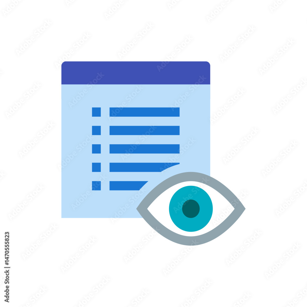 Poster illustration of a document with horizontal lines and an eye icon in the bottom right corner view ico