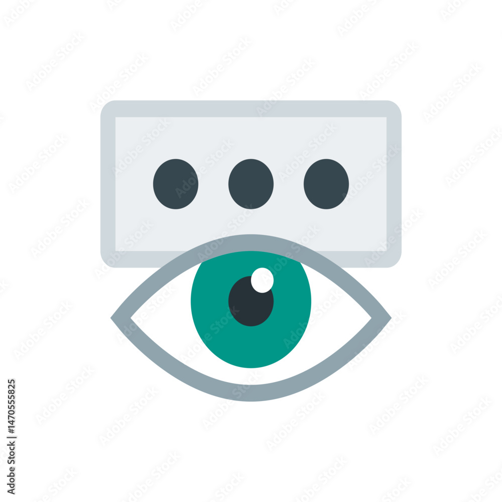 Poster an eye with a teal iris and a white highlight is shown below a gray rectangle with three black dots