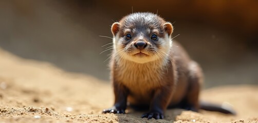 Fototapeta premium Cute baby otter sitting on sand. Brown fur, curious eyes, little wild animal portrait. Aquatic mammals, river otter. Nature background, close-up view, wildlife photo.