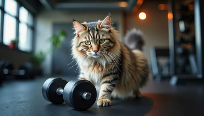 Cat with dumbbells in fitness environment. Workout, health and active lifestyle.