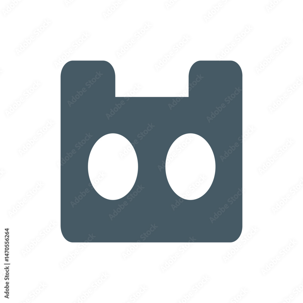 Poster illustration of a simple gray block with two white circles and two rectangular protrusions on top de