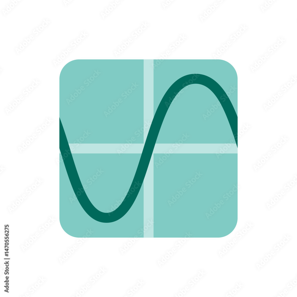 Poster illustration of a teal square with rounded corners and a green wave on a grid background design