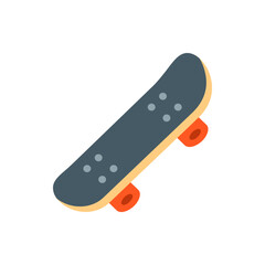 A skateboard with a gray deck, light yellow trim, and orange wheels is angled against a white background