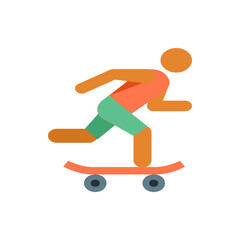 Illustration of a person skateboarding with orange skin and a coral shirt and mint shorts on a skateboard