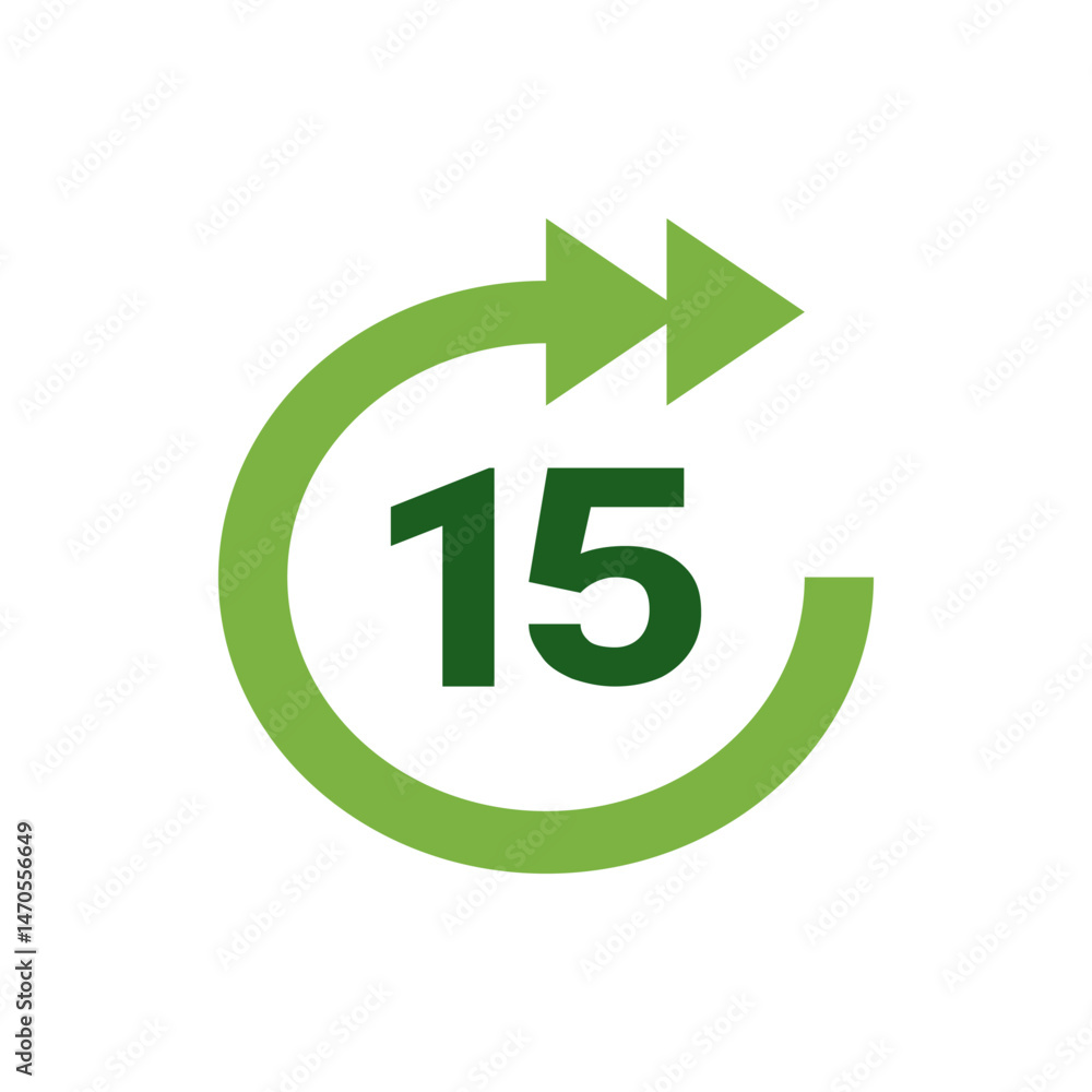 Poster fifteen minutes timer icon with green circular arrow showing time duration and progress indicator sy