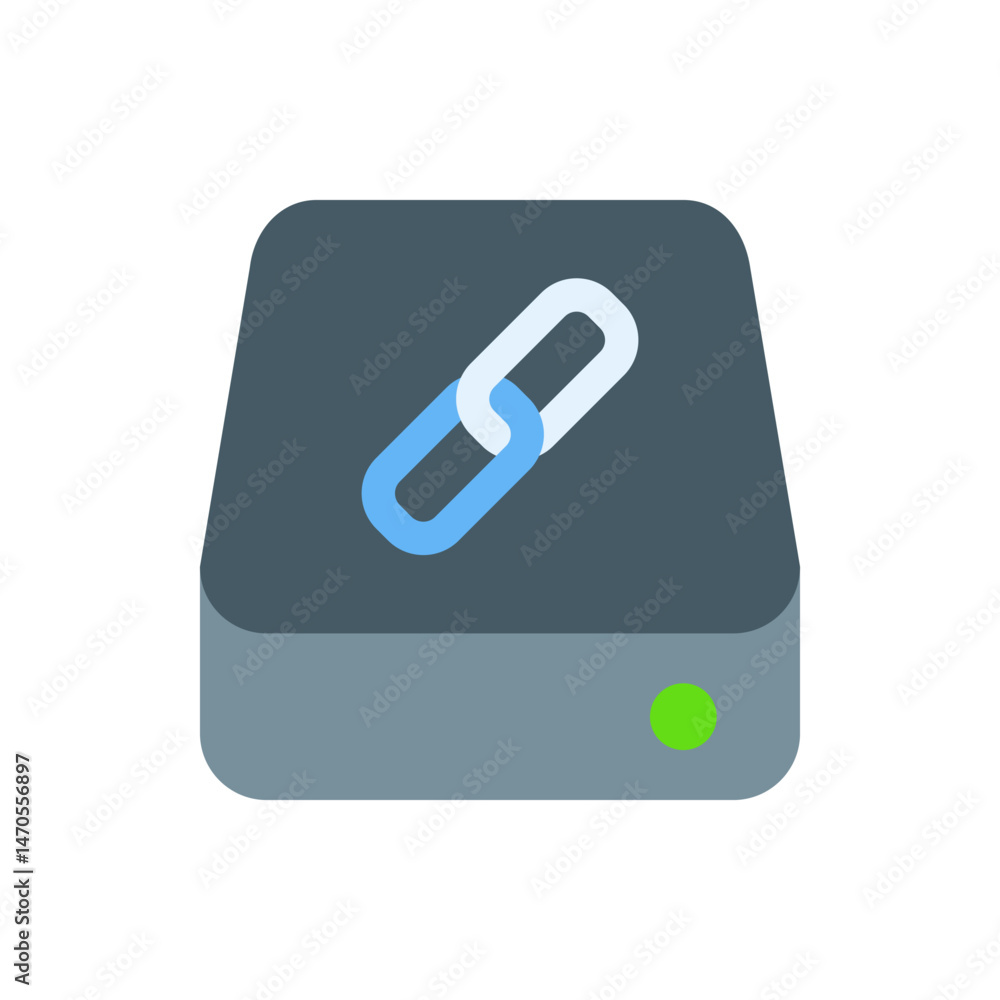 Poster illustration of a hard drive with a chain link icon on top and a green light indicator on the bottom