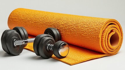 Orange yoga mat and dumbbells arranged on a clean surface, ideal for fitness and wellness activities