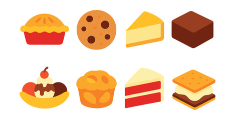 Fototapeta premium Flat vector icons of classic American desserts: apple pie, chocolate chip cookie, cheesecake, brownie, banana split, peach cobbler, red velvet cake, s’mores.