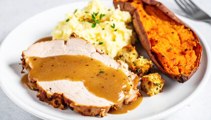 Roasted turkey breast slices with gravy, served with stuffing. AI
