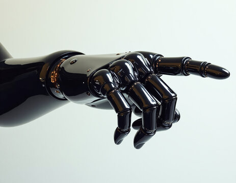 Futuristic Black Robotic Hand Pointing Gesture on white background, generative AI