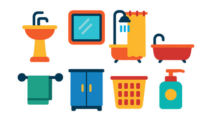 Flat vector icons of bathroom elements: sink with faucet, wall mirror, shower with curtain, bathtub, towel rack, storage cabinet, laundry basket, soap dispenser.