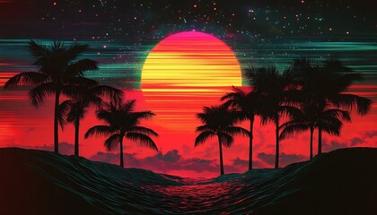 Naklejka premium Retrowave Ocean View with Palm Trees, Red Sunset and Glowing Stars Synthwave Style