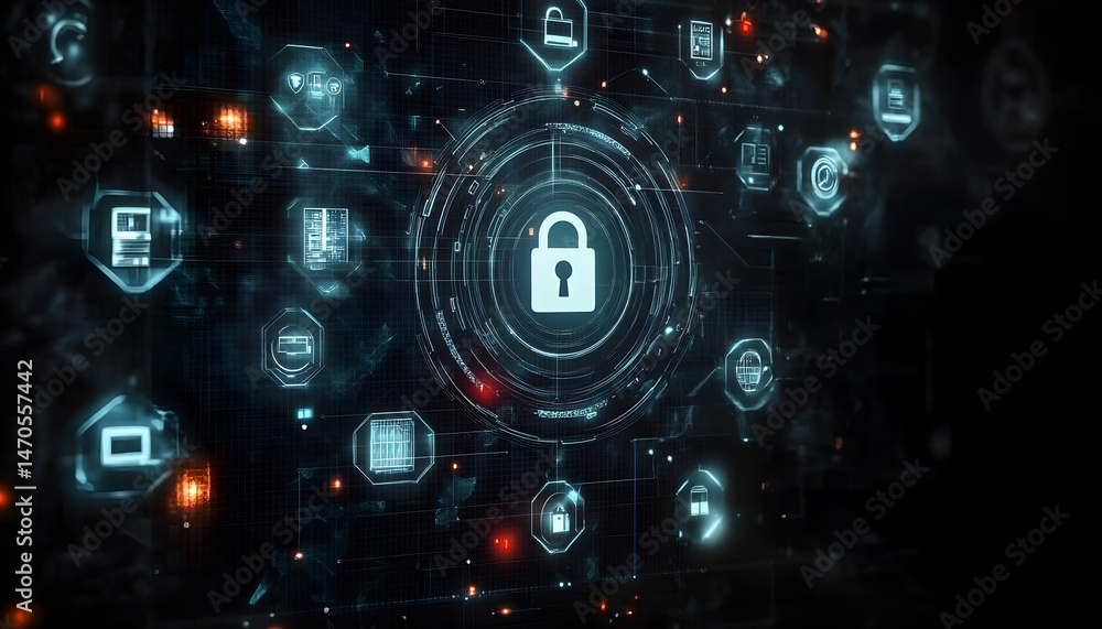 Poster digital cybersecurity interface with hand pointing at lock icon on dark background.