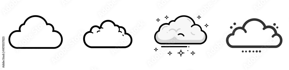 Poster various cloud icons representing different weather conditions in a minimalist design