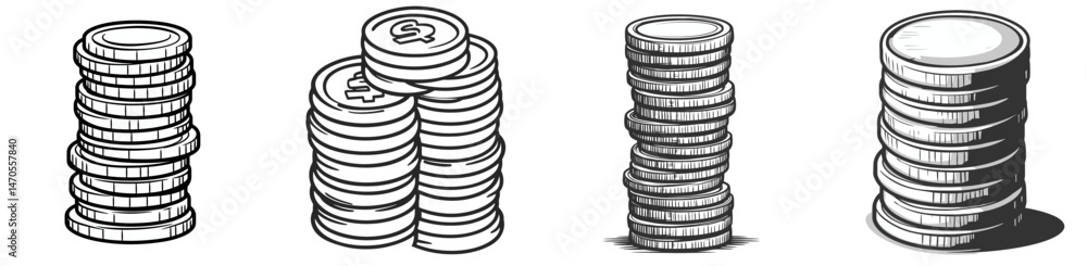 Poster stacks of coins representing different values and arrangements in a simple 2d design