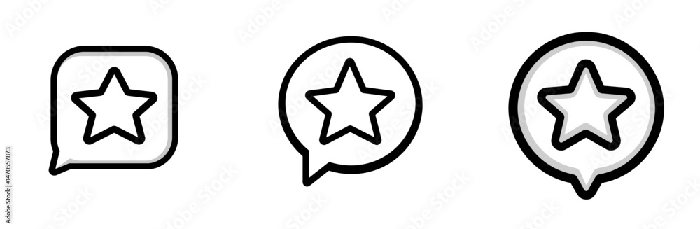 Poster three simple 2d icons representing message bubbles with star symbols for communication and feedback