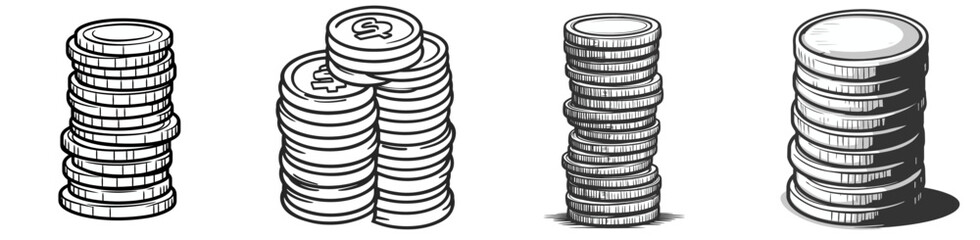Stacks of coins representing different values and arrangements in a simple 2D design