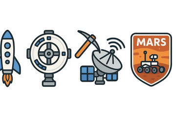 Obraz premium Space‑icon set covering rocket, hotel, pick, dish, rover