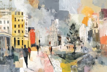 Fototapeta premium Abstract city street with walking pedestrians illustration