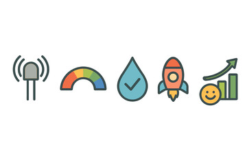 Naklejka premium Garden‑IoT icons linking beacon, band, drop, rocket, badge, bar