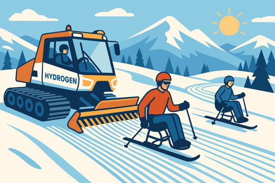 Flat inclusive‑sport scene with H₂ groomer, sit‑ski track loops, and snowy peaks