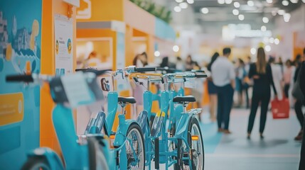 Colorful bicycle display at a busy exhibition center with attendees in the background