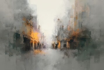Abstract urban impressions in muted tones and golden accents