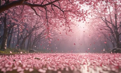 Falling sakura petals create a vibrant pink haze against a blurry spring backdrop ,  design,  pretty