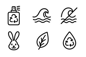Icons representing fragrance and ecology include images of spritz, wave, crest, bunny, leaf, and droplet