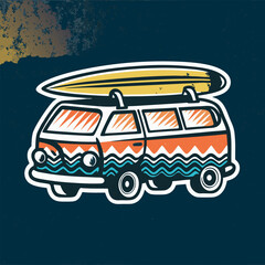Vintage Surf Van with Surfboard on Roof Rack Graphic Design