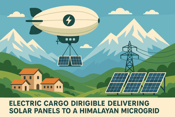 The scene depicts a flat aero-tech landscape featuring a blimp crane, panel crates, and snowy summits