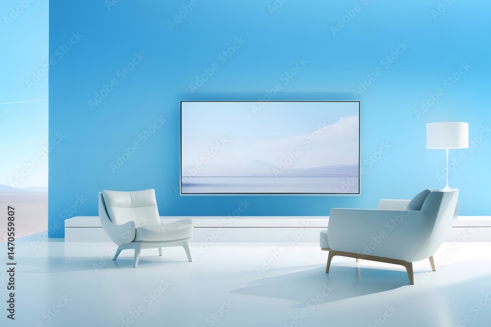 Aufkleber 青い壁の背景に白い椅子とテレビのあるモダンなミニマリストのリビングルームインテリア