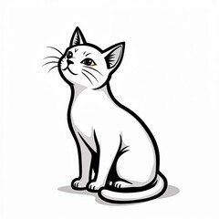 Minimalist line art icon of a cat sitting alertly looking up. Black outline white background. Domestic feline cartoon character, cute adorable friendly pet design. Illustration concept.