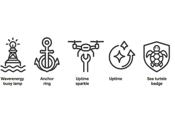 Obraz premium Icons of buoy-tech include images of a lamp, ring, spanner, sparkle, meter, and badge