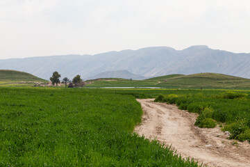 A dirt path winds through lush green fields toward distant hills, with rugged mountains rising...