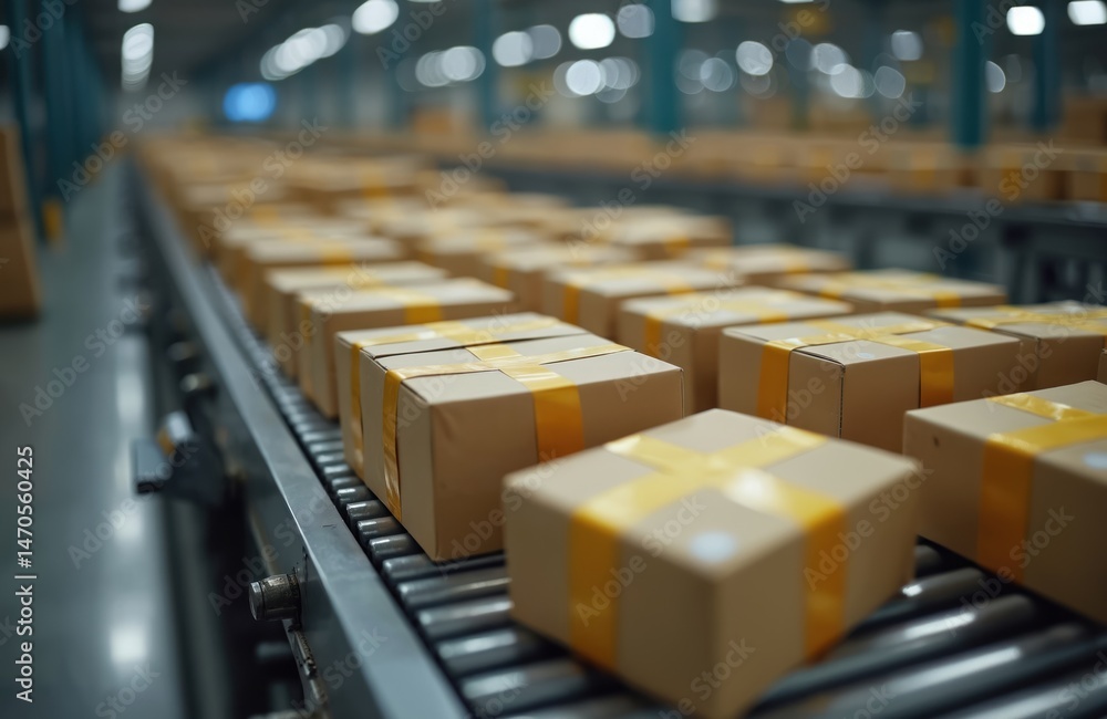 Poster modern warehouse conveyor belt transports packaged parcels. boxes ready for shipping distribution. c