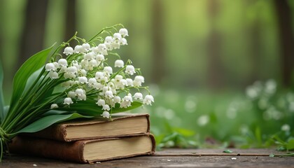 Lily of valley flowers with old books in forest, green blurred background. Symbol spring season. Romantic composition with flowers. Template design, copy space available. Vintage style with knowledge