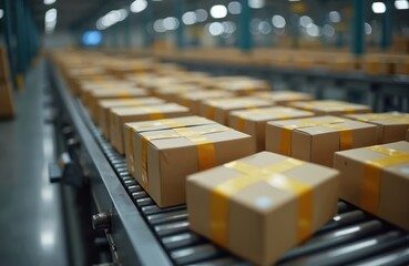 Obraz premium Modern warehouse conveyor belt transports packaged parcels. Boxes ready for shipping distribution. Cardboard boxes sealed with tape move along automated logistic system in factory. Cargo