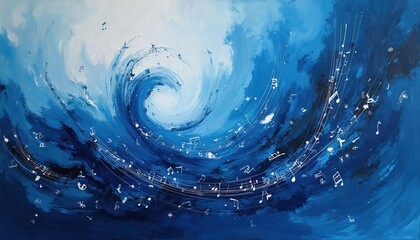 Abstract blue painting with dynamic swirls, musical notes. Artistic brushstrokes, vibrant colors. Expressive, modern artwork representing rhythm, melody. Visual representation of harmony, symphony,