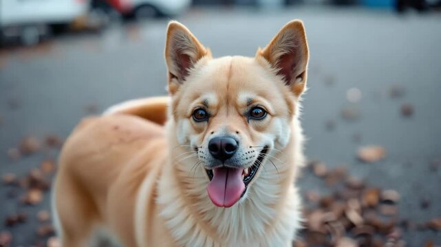 Happy dog smiling outdoors in a park setting  