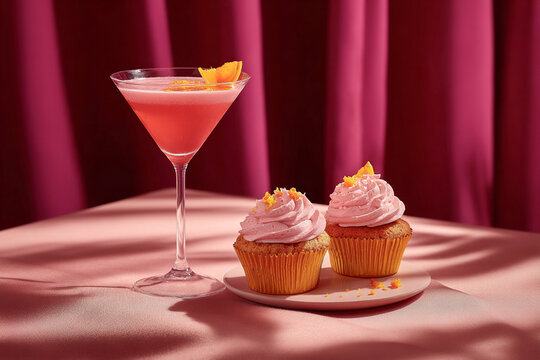 A Cosmopolitan Cocktail and Cupcakes with Pink Frosting in a Pink Setting