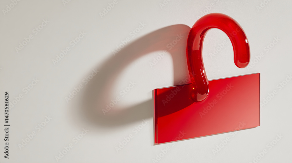 Poster red acrylic hook and rectangular plate on white background, showcasing blank space ideal for text or