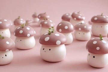 Cute Mushroom Figurines on Pink.