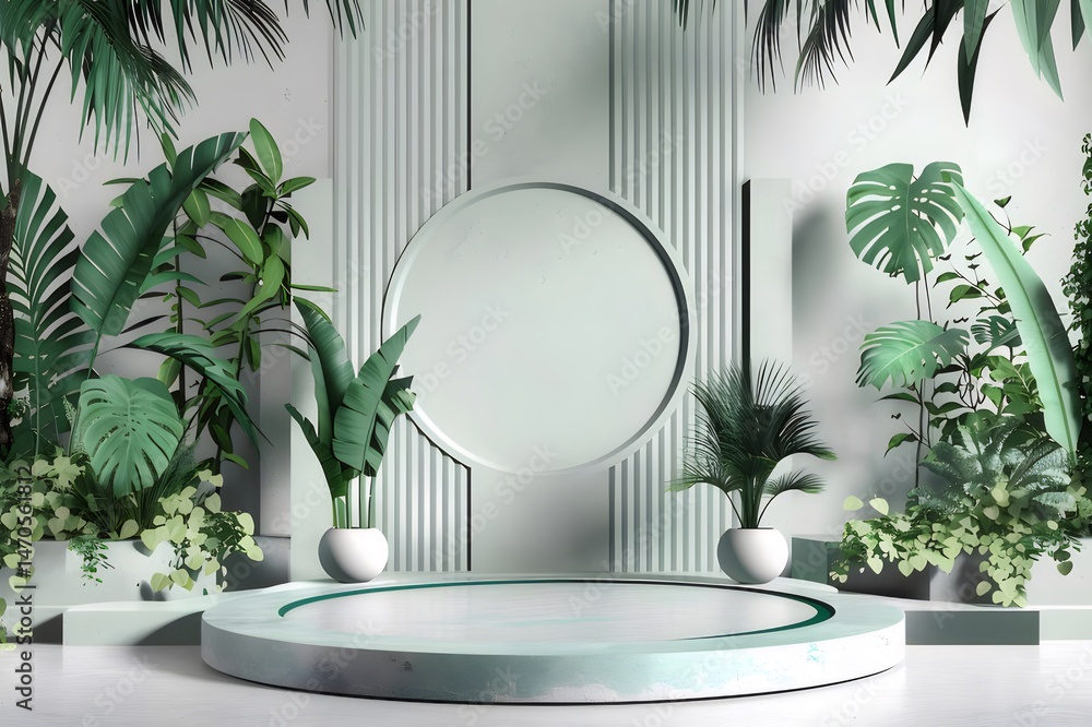 Aufkleber ミントグリーンの熱帯植物の背景を持つ3dレンダリングされた円形プラットフォームと表彰台
