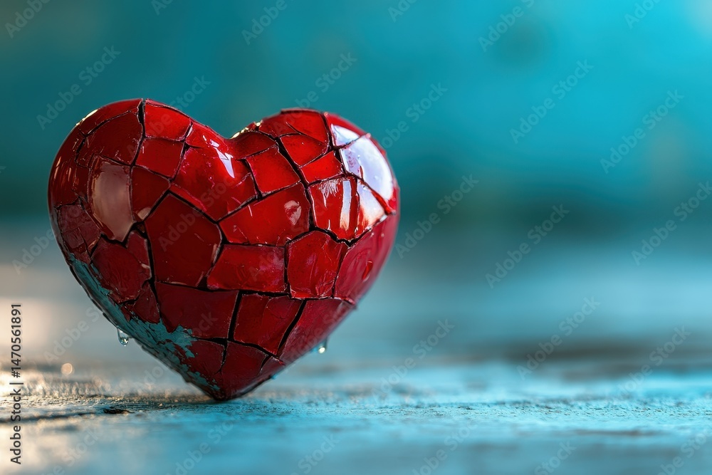 Poster vibrant red heart sculpture with intricate cracks reflecting light on a textured surface in a serene